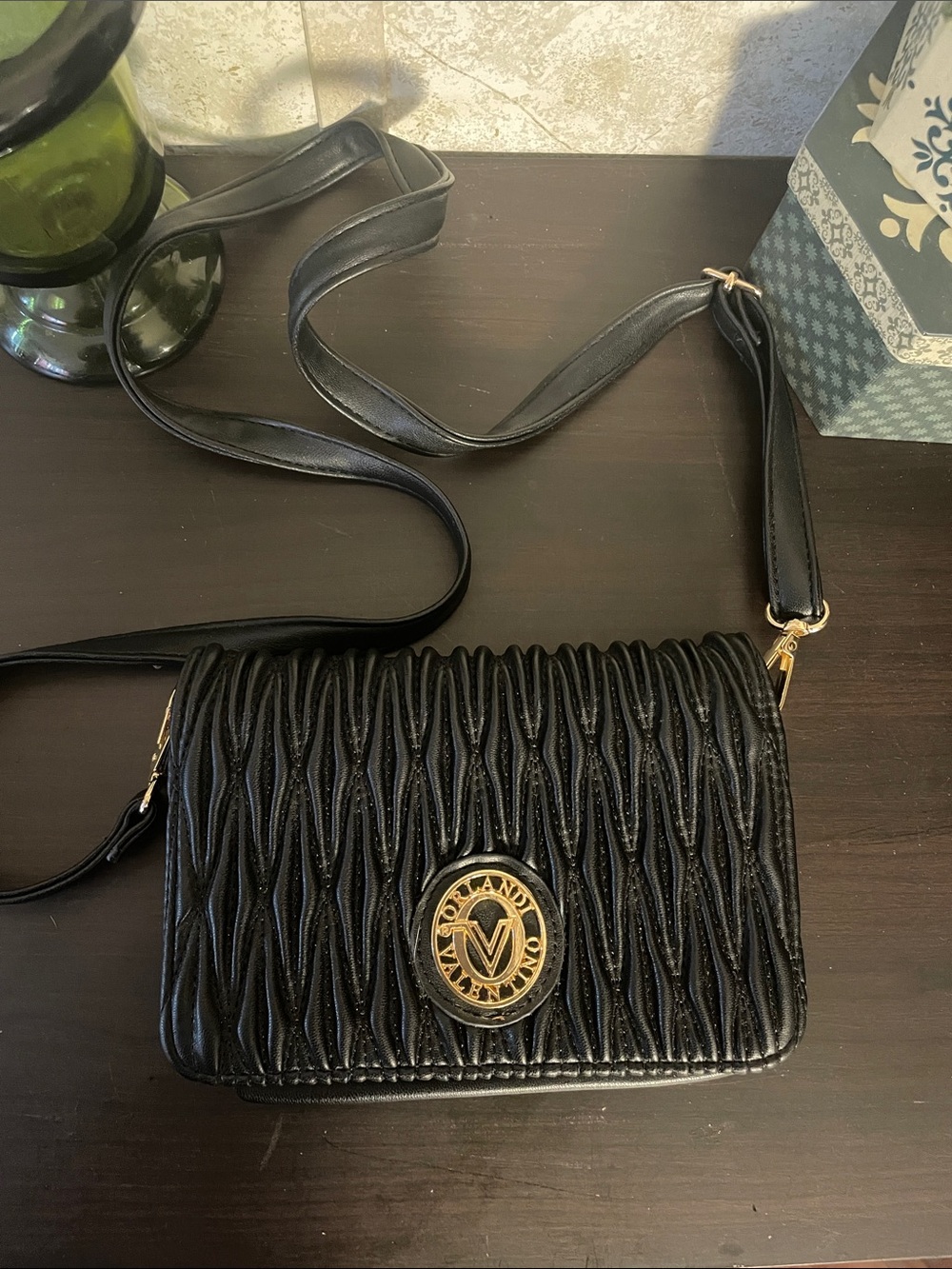 Valentino Orlandi Black Quilted Crossbody Bag with Gold Medallion